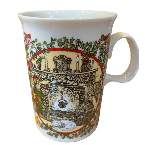 Vtg 2 DUNOON MUGS SUE SCULLARD CHRISTMAS TREE FIREPLACE CATS DOORS - Picture 2 of 10